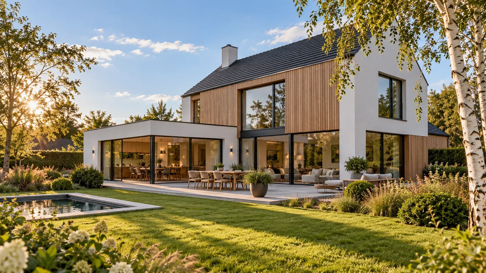 Illustration d’une maison contemporaine avec façade blanche, bardage bois et jardin