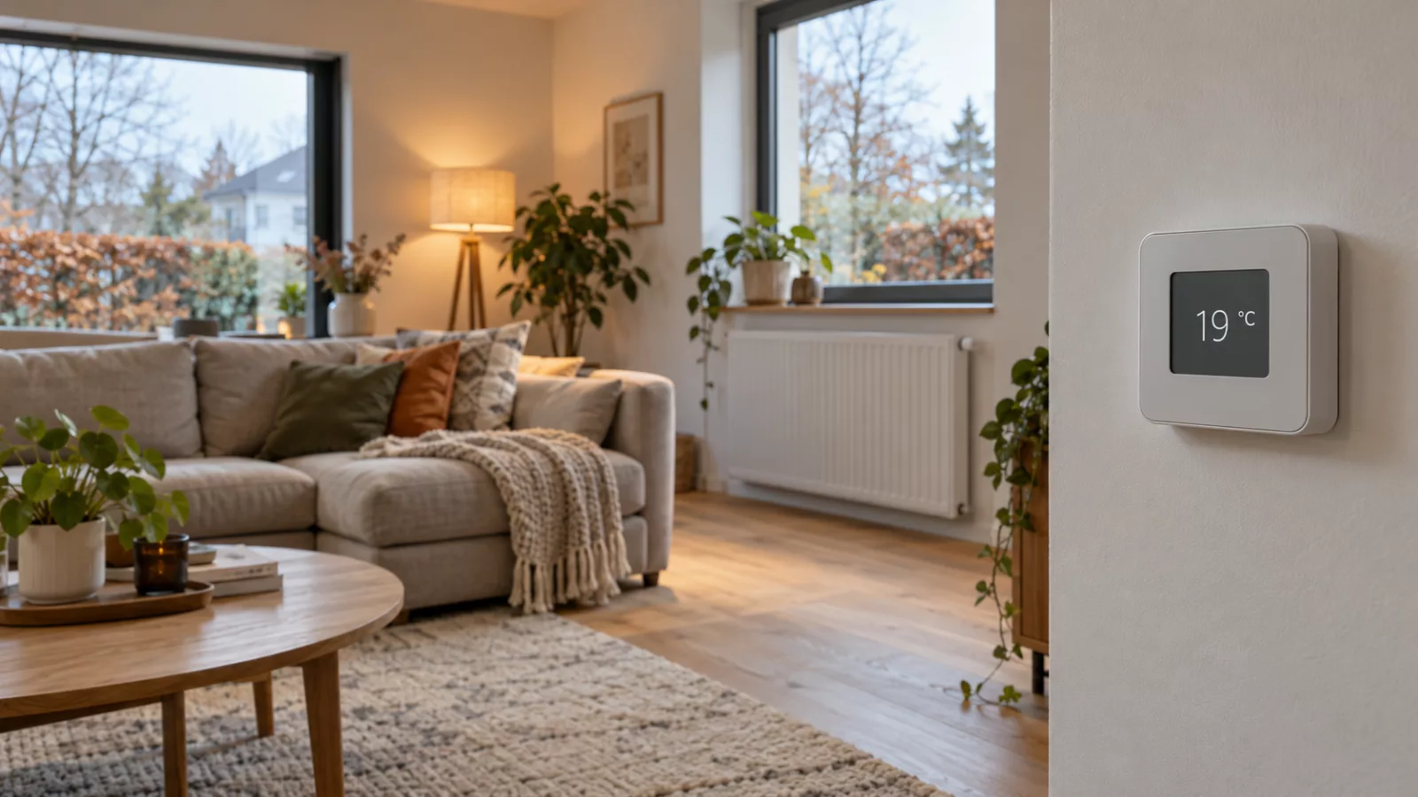 Thermostat affichant 19 °C dans un séjour rénové avec un canapé et un radiateur.