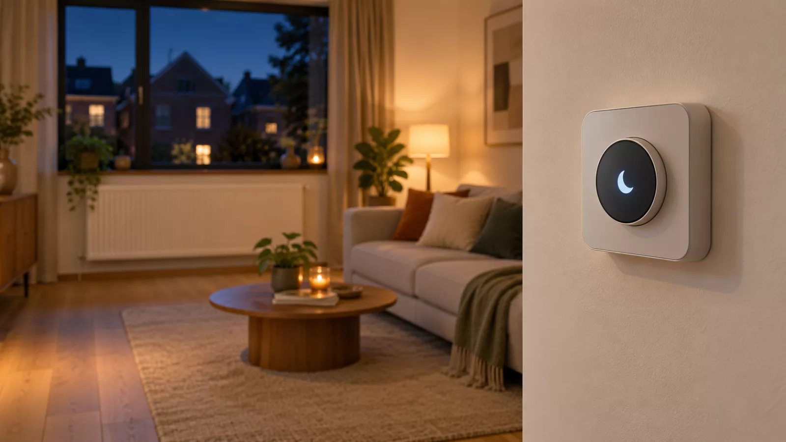 Thermostat avec un symbole de nuit dans un salon rénové équipé d’un radiateur