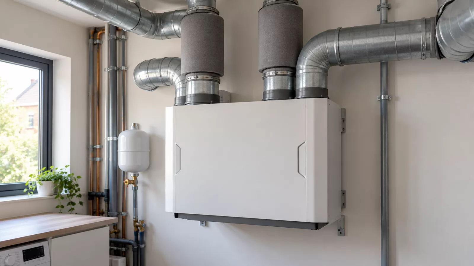 Caisson de ventilation mécanique avec ses conduits dans un local technique rénové