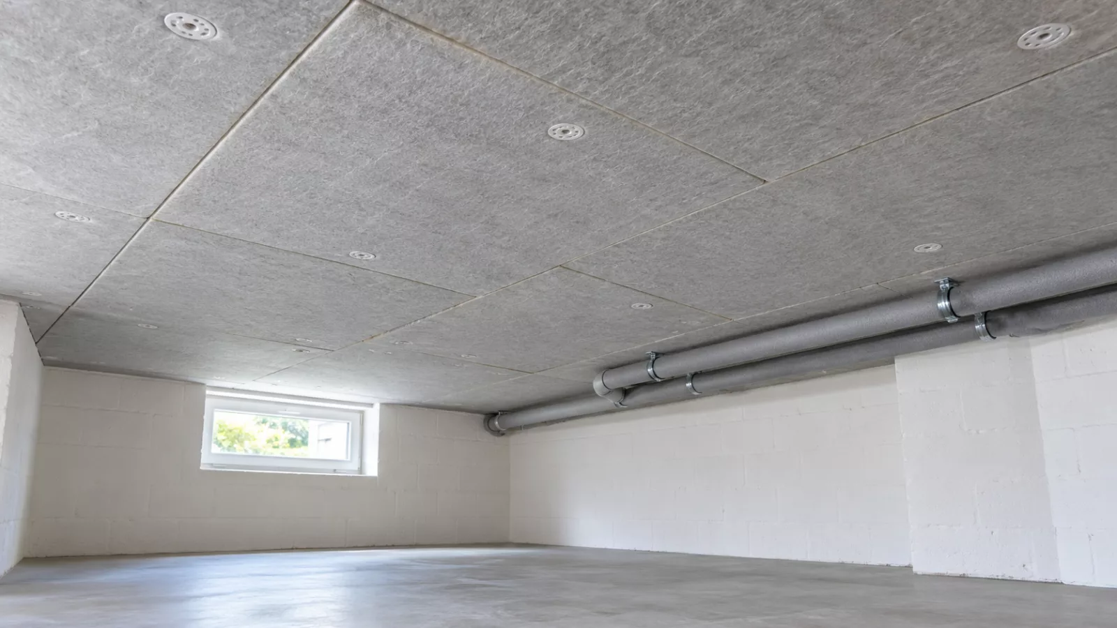 Plafond de cave isolé avec des panneaux et des conduites accessibles sous l’isolation.